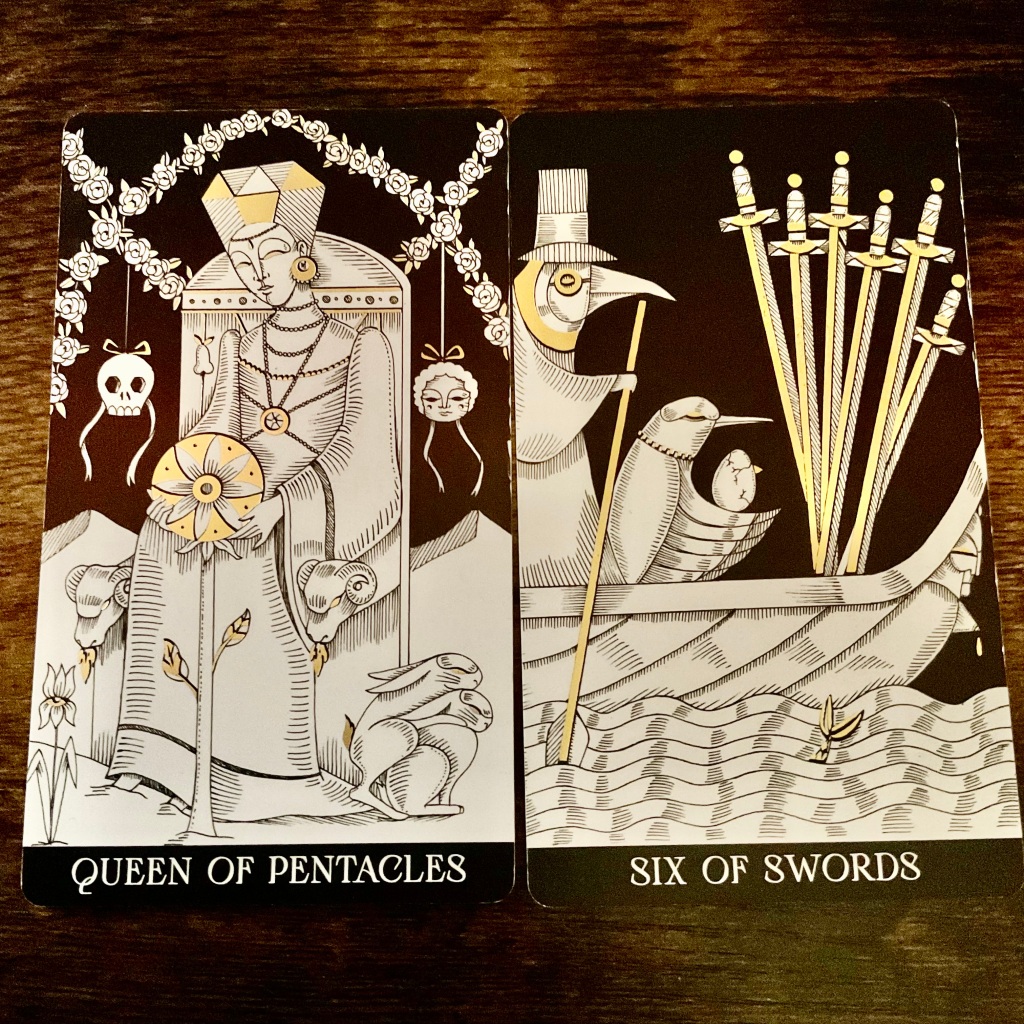 Queen of Pentacles and the Six of Swords from the Symbolic Soul tarot