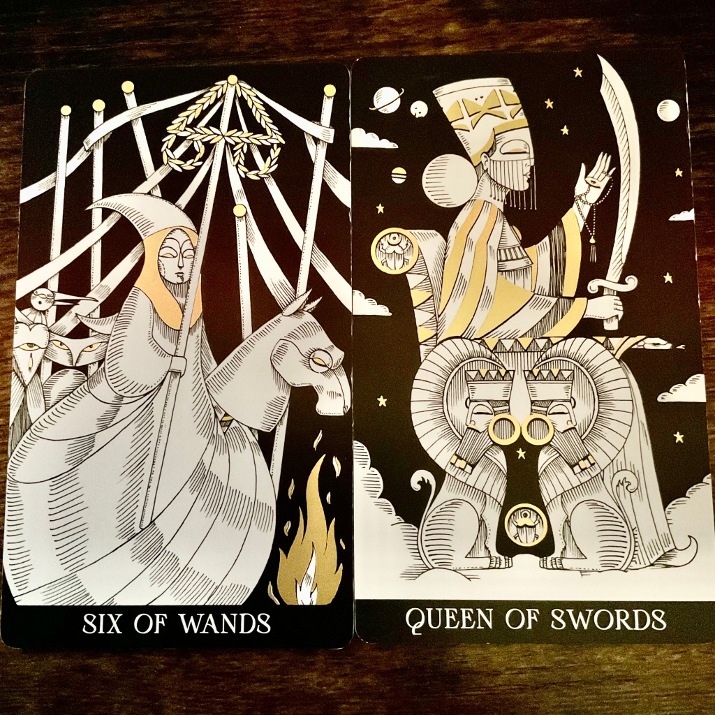 Six of Wands and Queen of Swords from the Symbolic Soul tarot